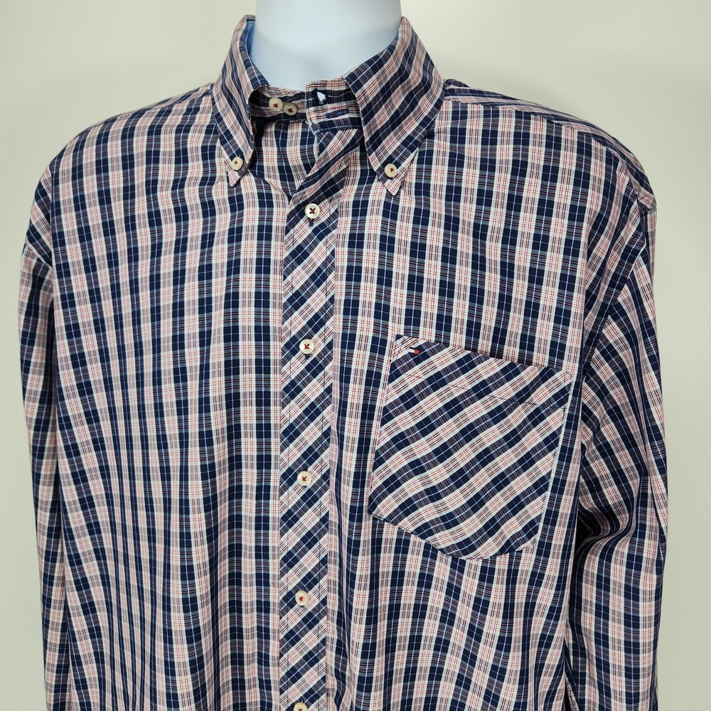 VTG Tommy Hilfiger Shirt Button Down Large 80's 2 Ply Fabric Red White Blue‎ EUC